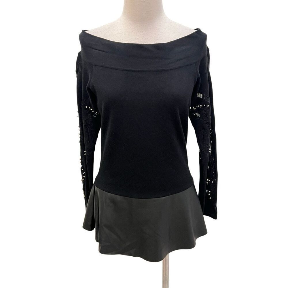 Alberto Makali Women's Off Shoulder Studded Long Sleeve Peplum Top Black Large